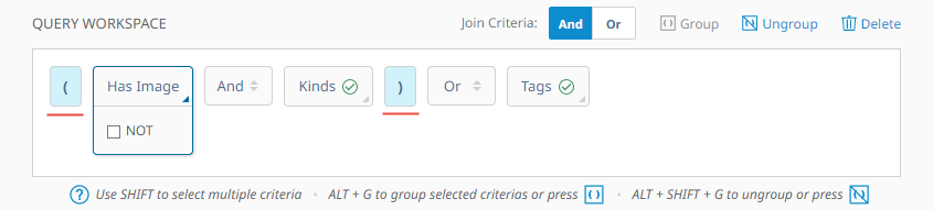 Query Workspace indicating parentheses around criteria.